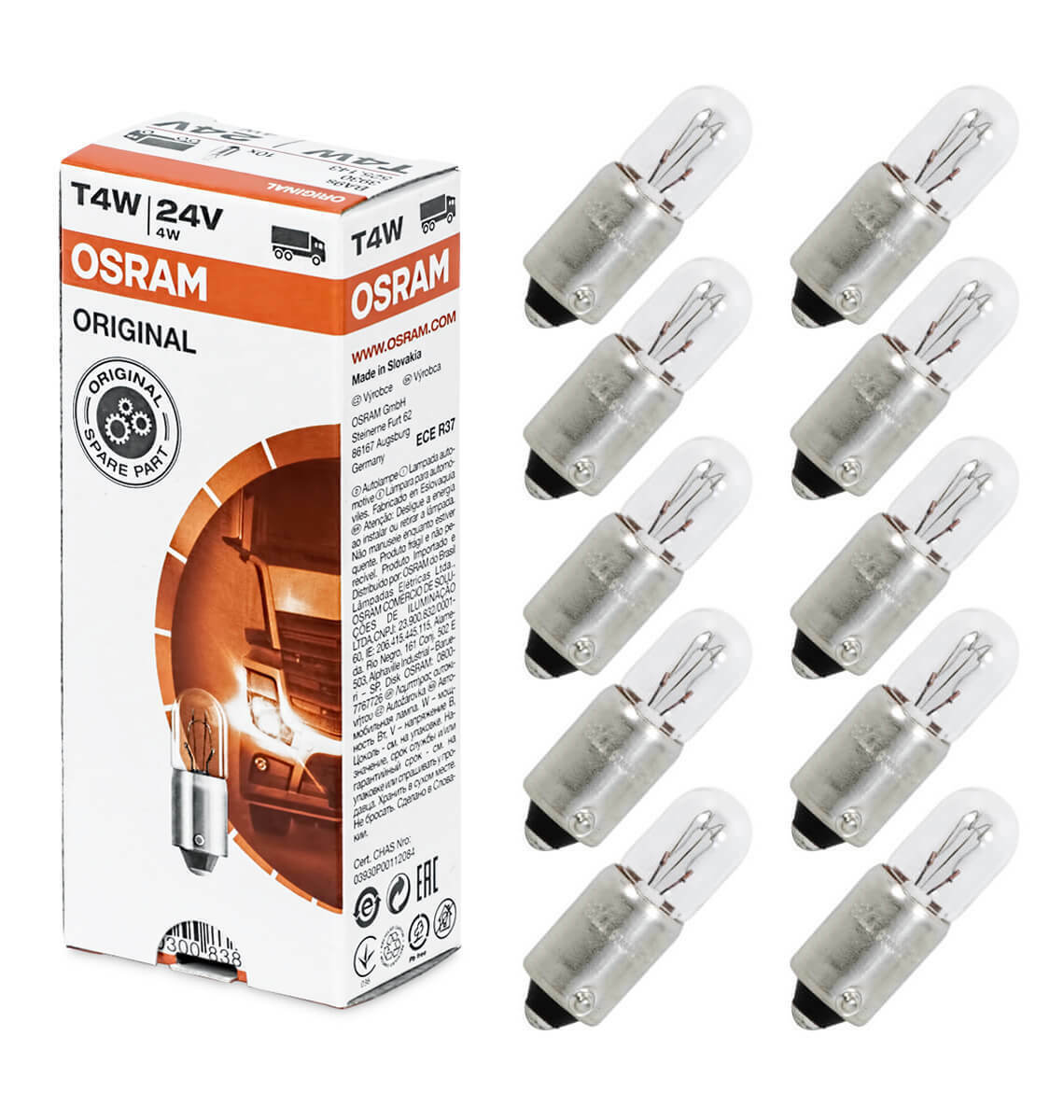 Лампа автомобильная накаливания OSRAM 3930 T4W 24V 4W BA9s