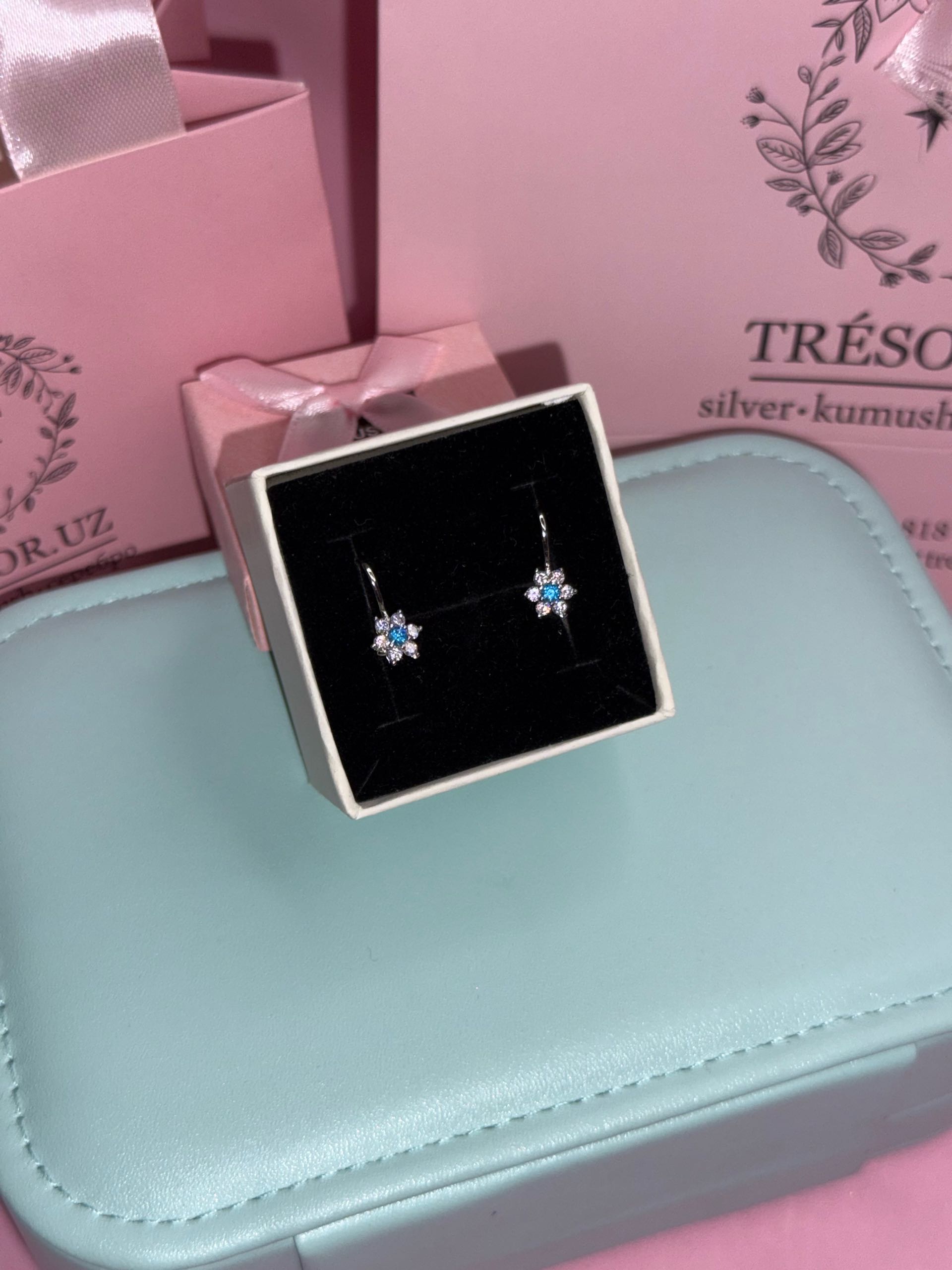 серьги с262 детские цветочки голубые белые